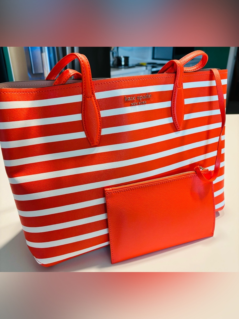 kate spade NWT Orange White Striped Tote with Detachable Pouch